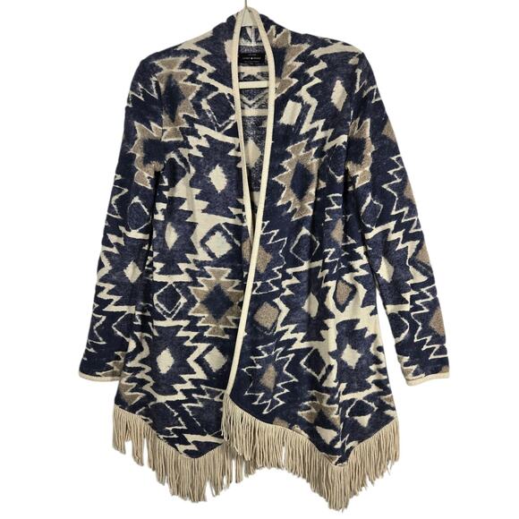 Lucky Brand Sweaters - Lucky Brand Sweater Womens Small Navy Aztec Open Fringe Cardigan Boho Cozy Soft